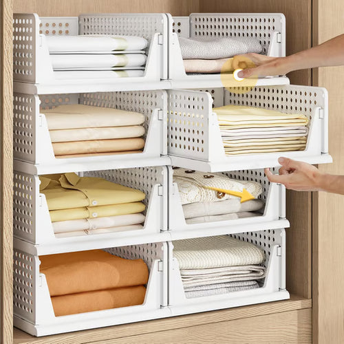 Pinkpum 4 Pack Stackable Plastic Storage Closet Organizers and Storage Bins Drawer Shelf Storage Container for Wardrobe Cupboard Kitchen Bathroom Office White