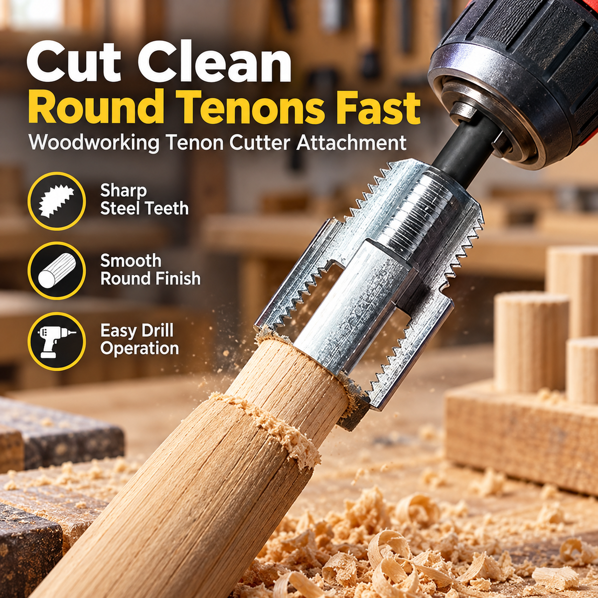 Drill-powered woodworking tenon cutter shaping the end of a wood pole