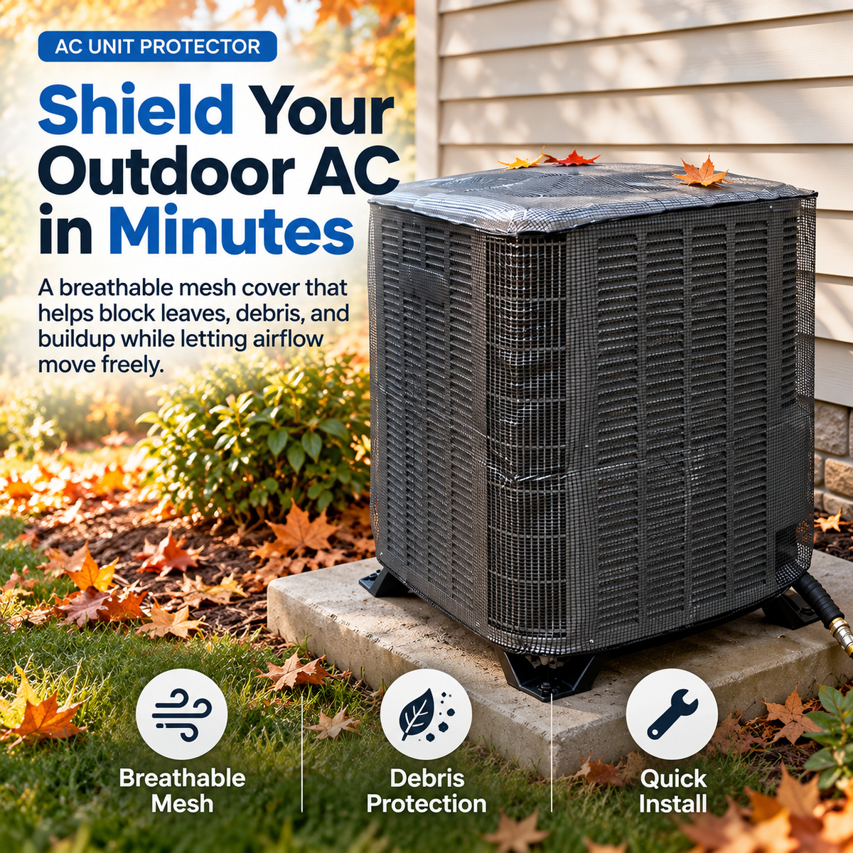 🛡️ AC ShieldPro™ Outdoor Unit Cover Protect Your AC. Keep Airflow Free.