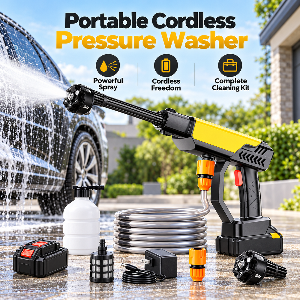 Portable cordless car washer with spray attachment and cleaning accessories