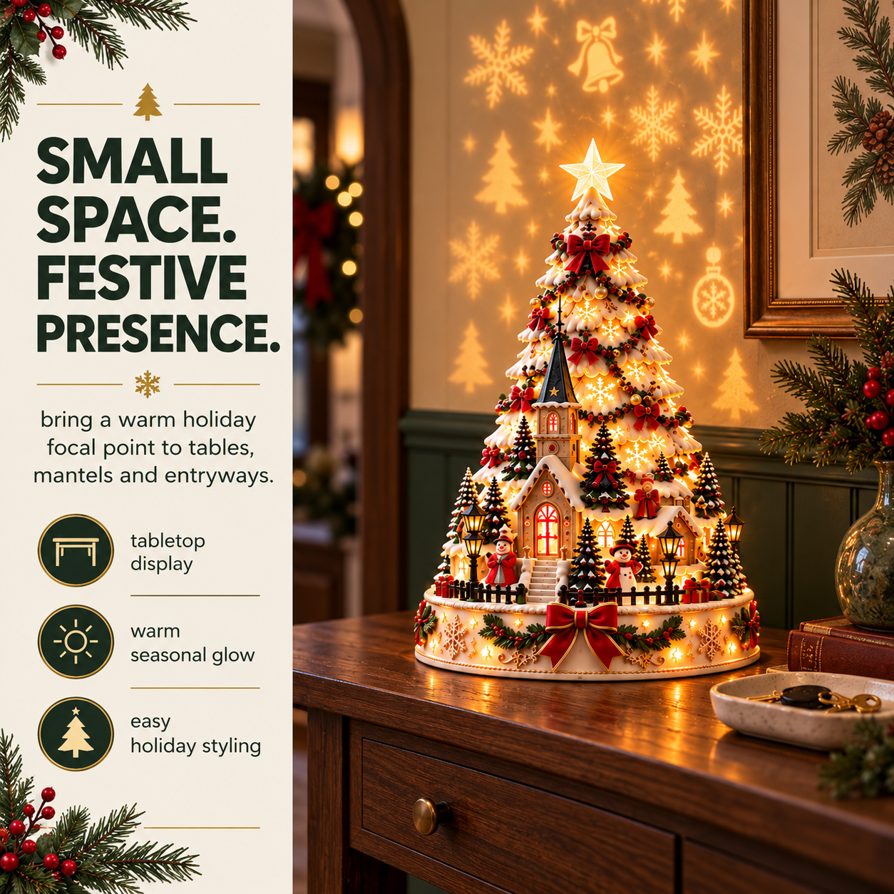 Christmas village lightscape tree placed on a compact tabletop near a mirror with festive light patterns
