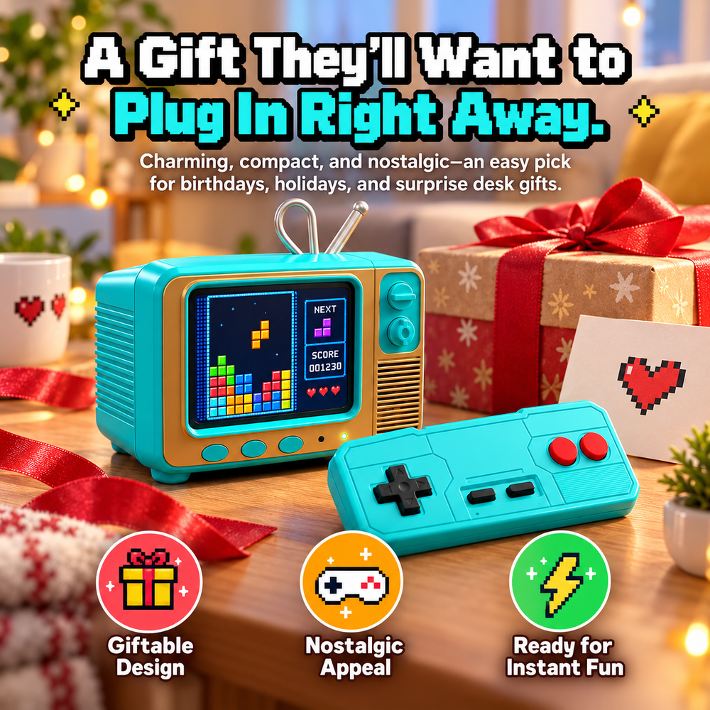 Mini retro game console and controller displayed beside festive gift decorations