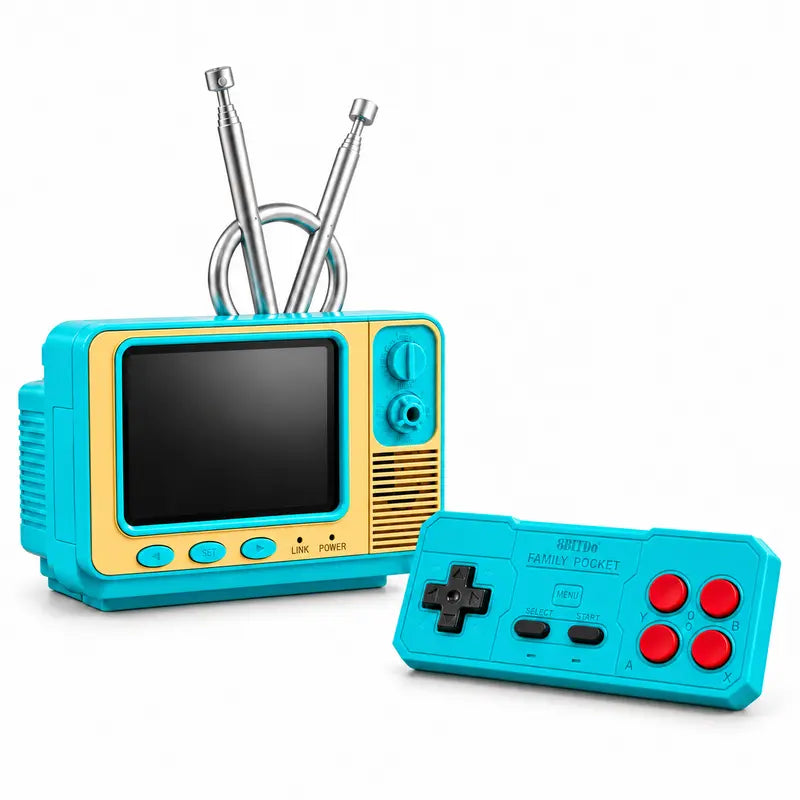 Turquoise miniature retro television game console with matching wireless controller