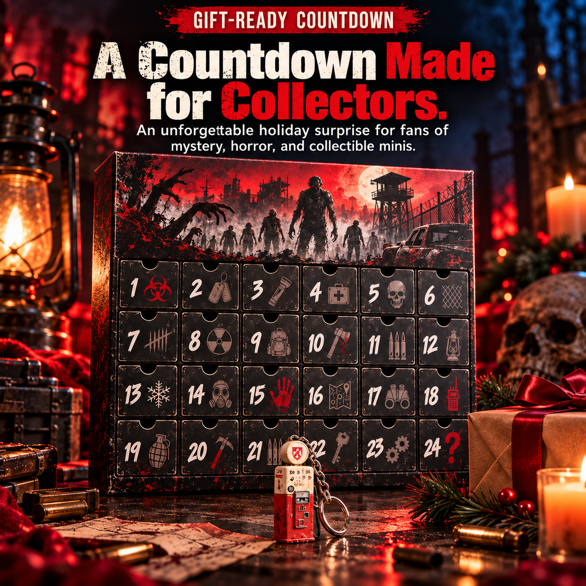24 day horror mystery advent calendar presented as a dark holiday gift for collectors