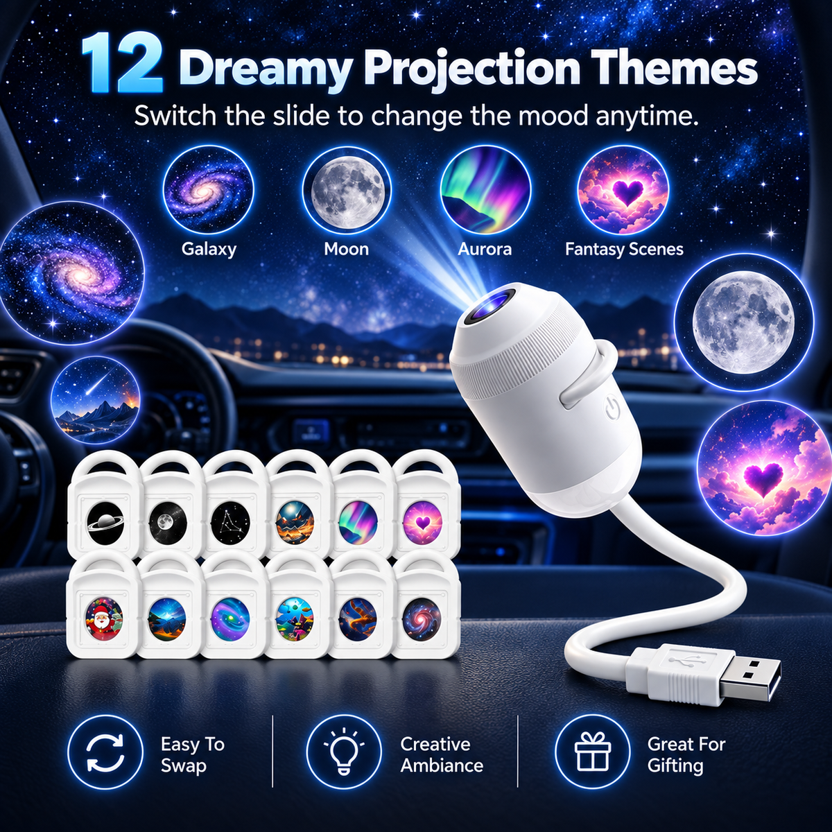 Twelve projection slides for USB starry sky projector including galaxy moon aurora and fantasy scenes
