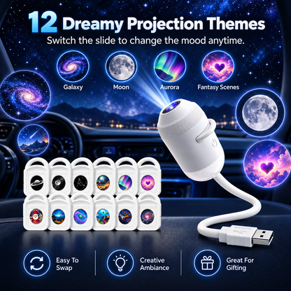 12-in-1 USB Starry Sky Projector Night Light, Flexible Galaxy Projection Lamp with 12 Slides, Portable USB-Powered Ambient Light for Car, Bedroom, Parties & Romantic Decor