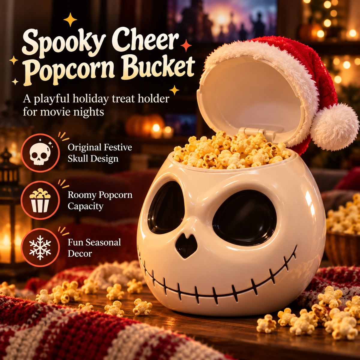 Spooky Skull Popcorn Bucket with Lid, Large Halloween Snack Bowl with Santa Hat Design, Reusable Movie Night Treat Container for Christmas, Parties & Holiday Decor
