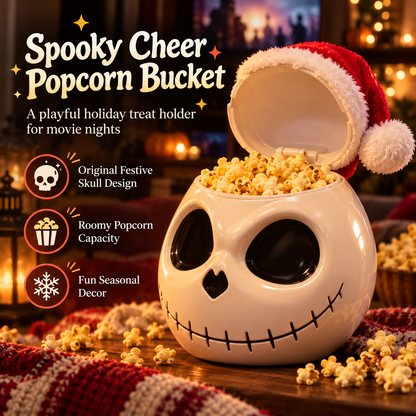 Spooky Skull Popcorn Bucket with Lid, Large Halloween Snack Bowl with Santa Hat Design, Reusable Movie Night Treat Container for Christmas, Parties & Holiday Decor