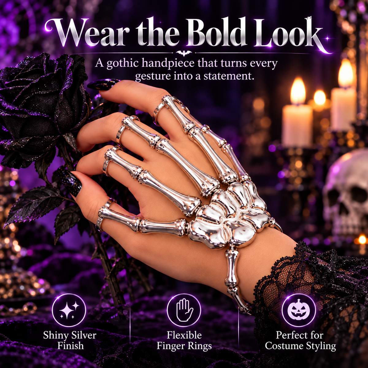 Gothic fashion model wearing shiny silver-tone skeleton hand jewelry with dark manicure, purple roses and candlelit background