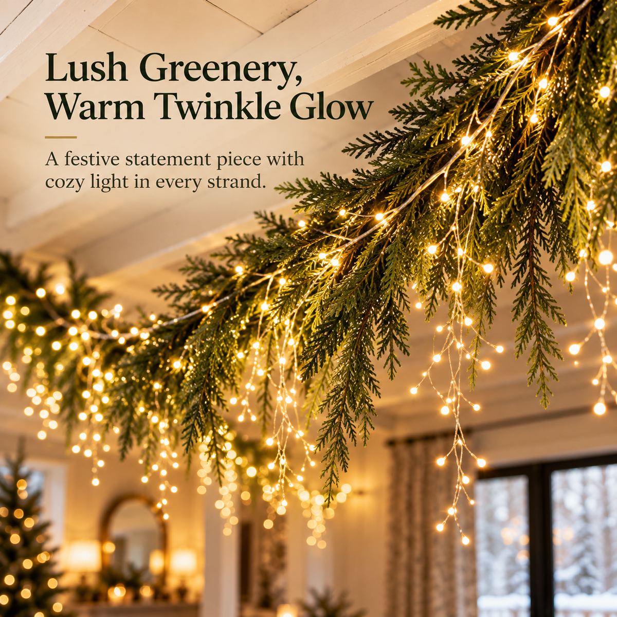 Close-up of lush green Christmas garland with warm glowing lights hanging from a ceiling beam