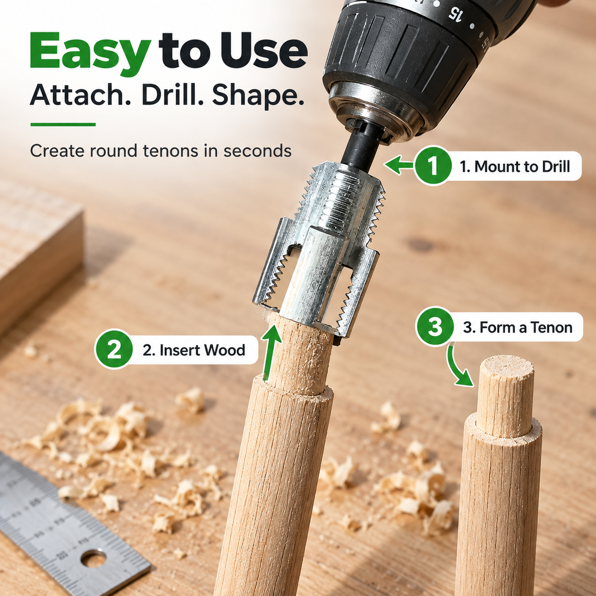 Woodworking Tenon Cutter for Drill, Round Tenon Maker Attachment with Sharp Steel Teeth, Easy-Use Log & Dowel Shaping Tool for Furniture Making, DIY Woodworking & Carpentry