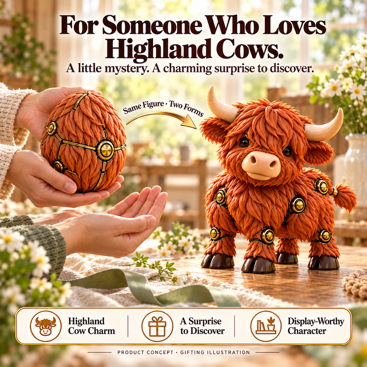 Gift-inspired concept illustration showing the textured Highland cow egg in someone's hands beside the adorable Highland cow figure