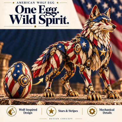 🐺 American Wolf Egg – Stars & Stripes Mechanical Wolf Figure with Layered Armor & Gold-Toned Details