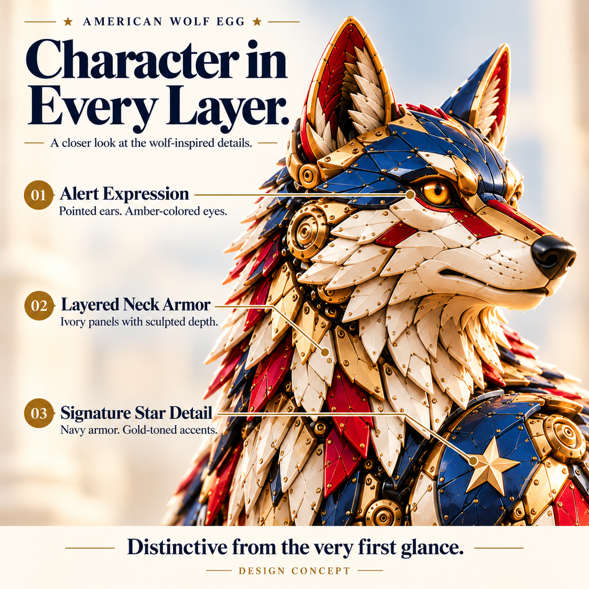 🐺 American Wolf Egg – Stars & Stripes Mechanical Wolf Figure with Layered Armor & Gold-Toned Details