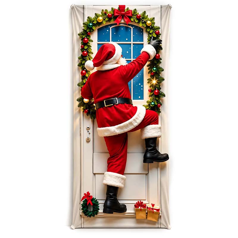 Christmas door cover variant showing Santa climbing beside a decorated window