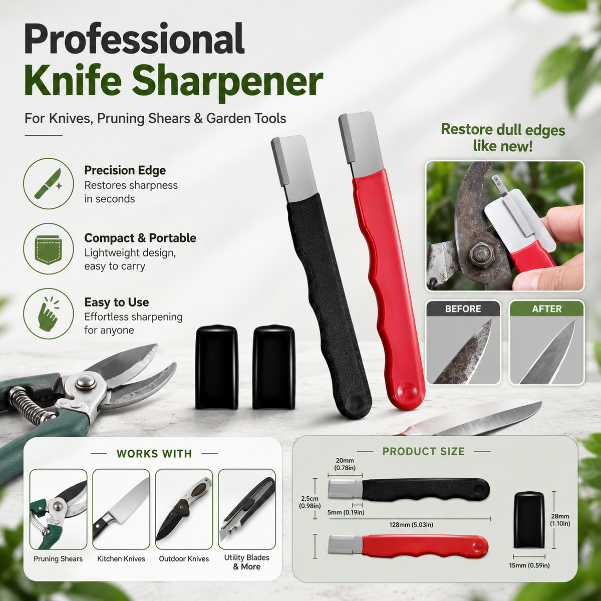 Red and black multi-function knife sharpeners with knives and pruning shears