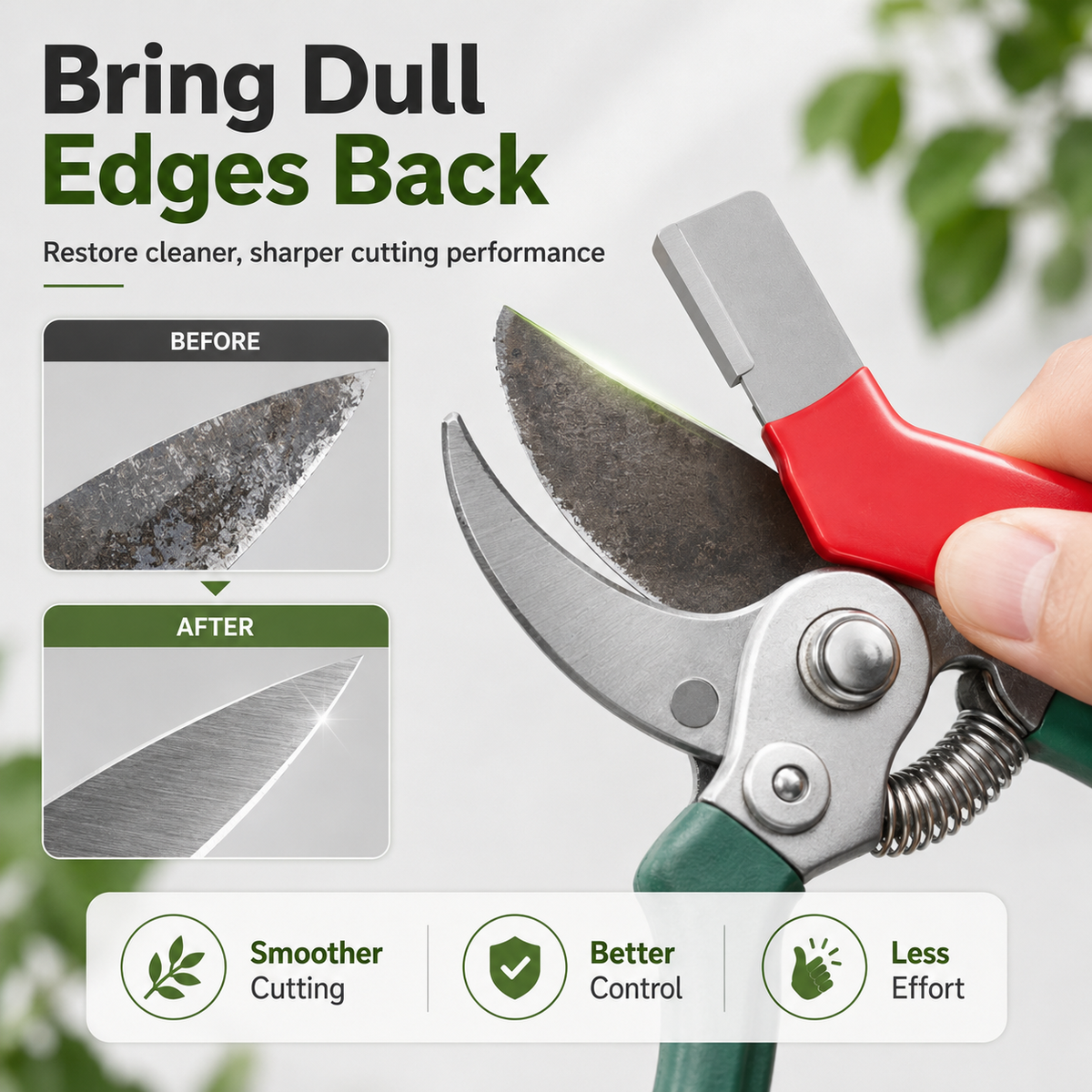 Compact sharpener refreshing the cutting edge of pruning shears