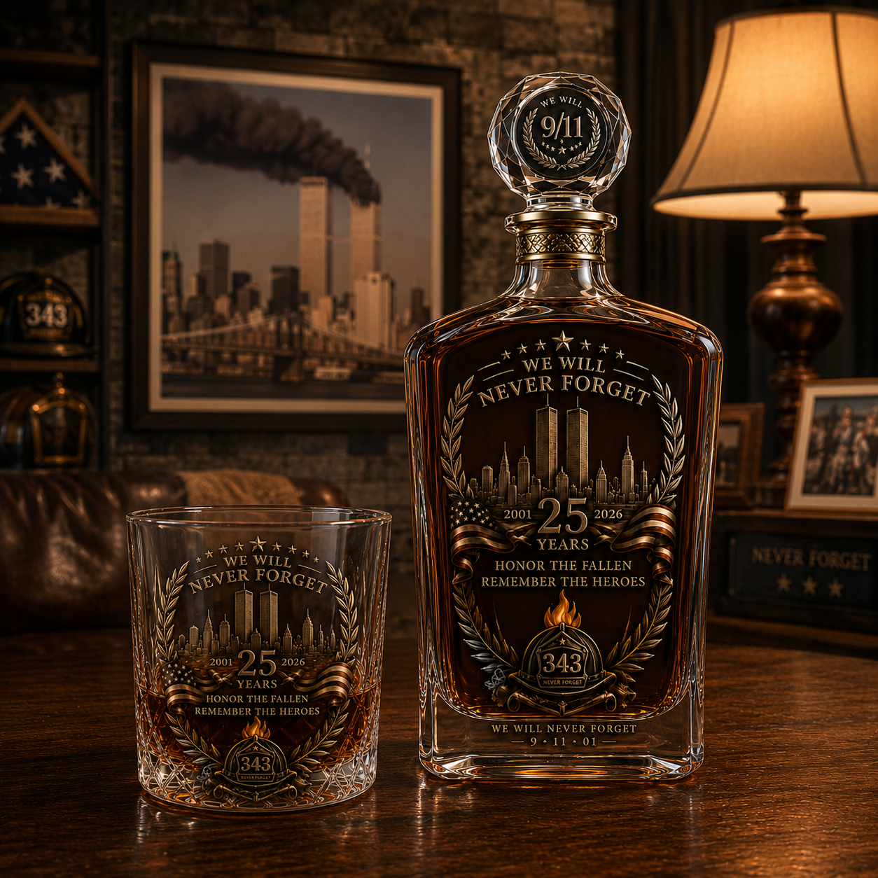9/11 anniversary memorial decanter and glass product image