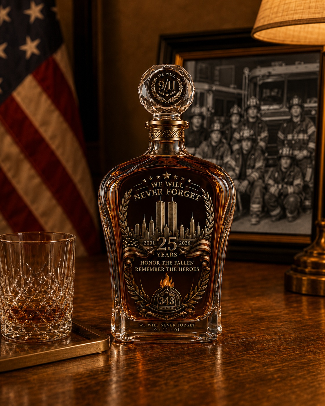 25th anniversary memorial decanter and glass set display