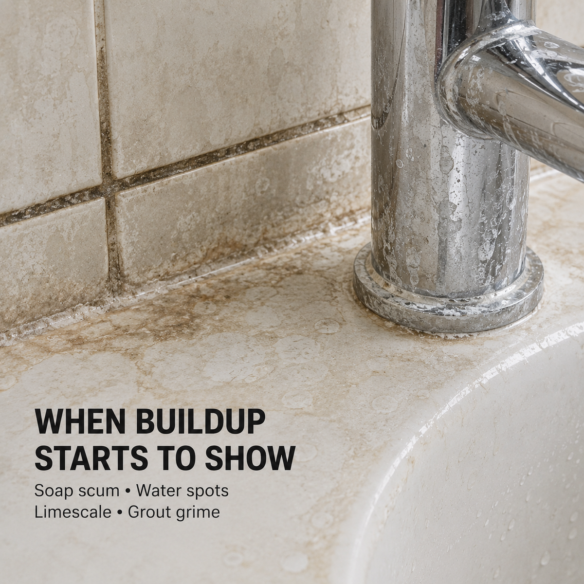Visible soap scum water spots mineral residue and bathroom buildup around tile and faucet