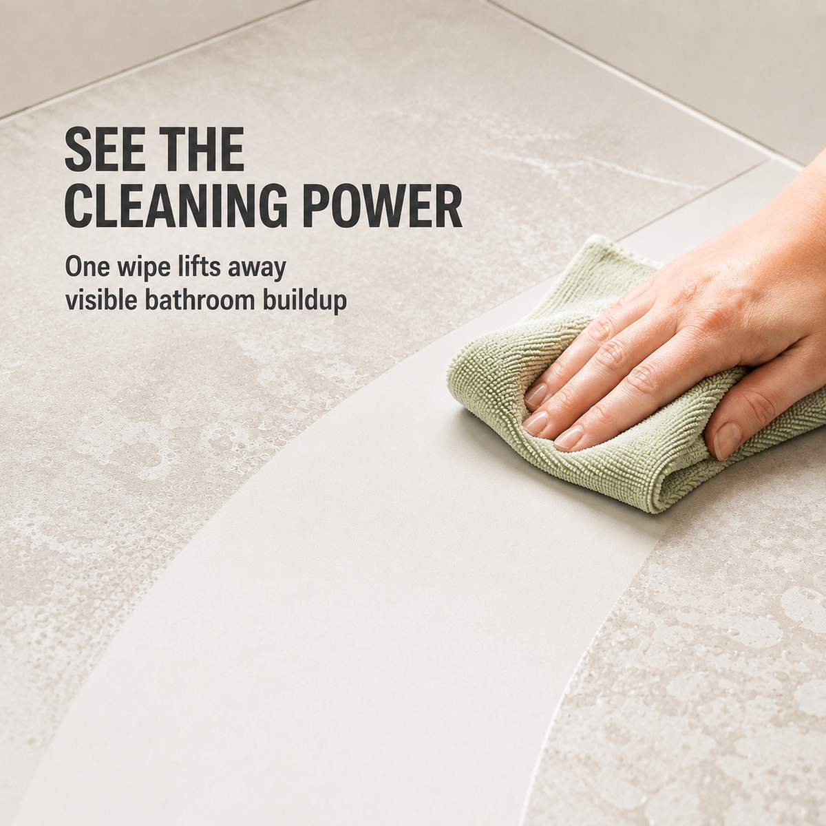Bathroom surface being wiped clean with a microfiber cloth