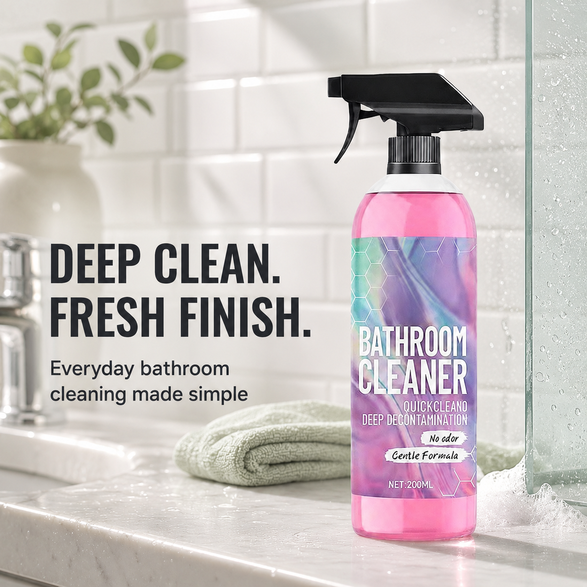 Bathroom cleaner spray bottle beside a clean shower and bathroom sink
