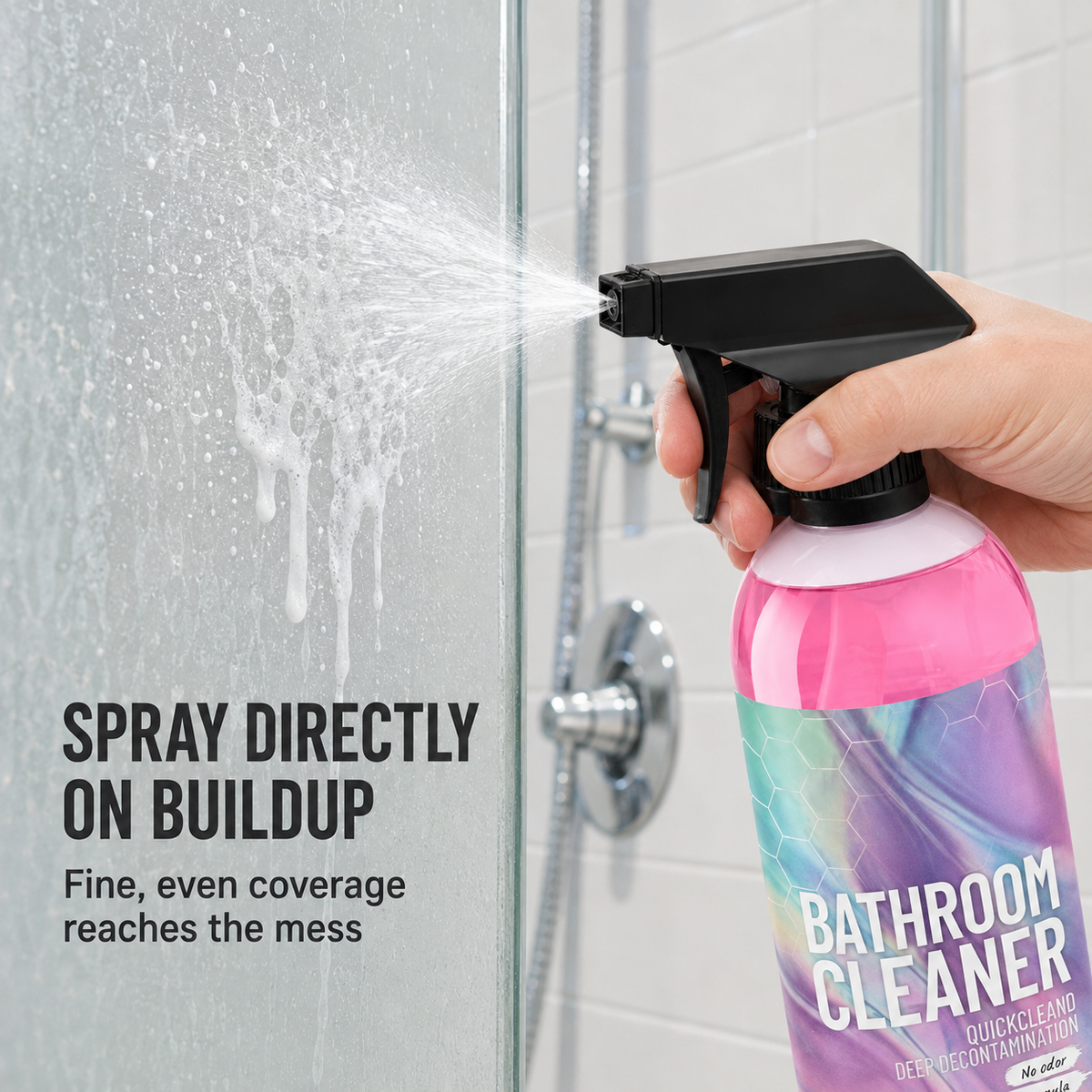 Bathroom cleaner being sprayed directly onto shower glass buildup