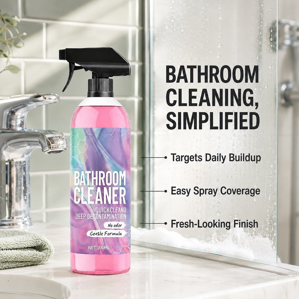 Bathroom cleaner next to a shower glass panel and sink