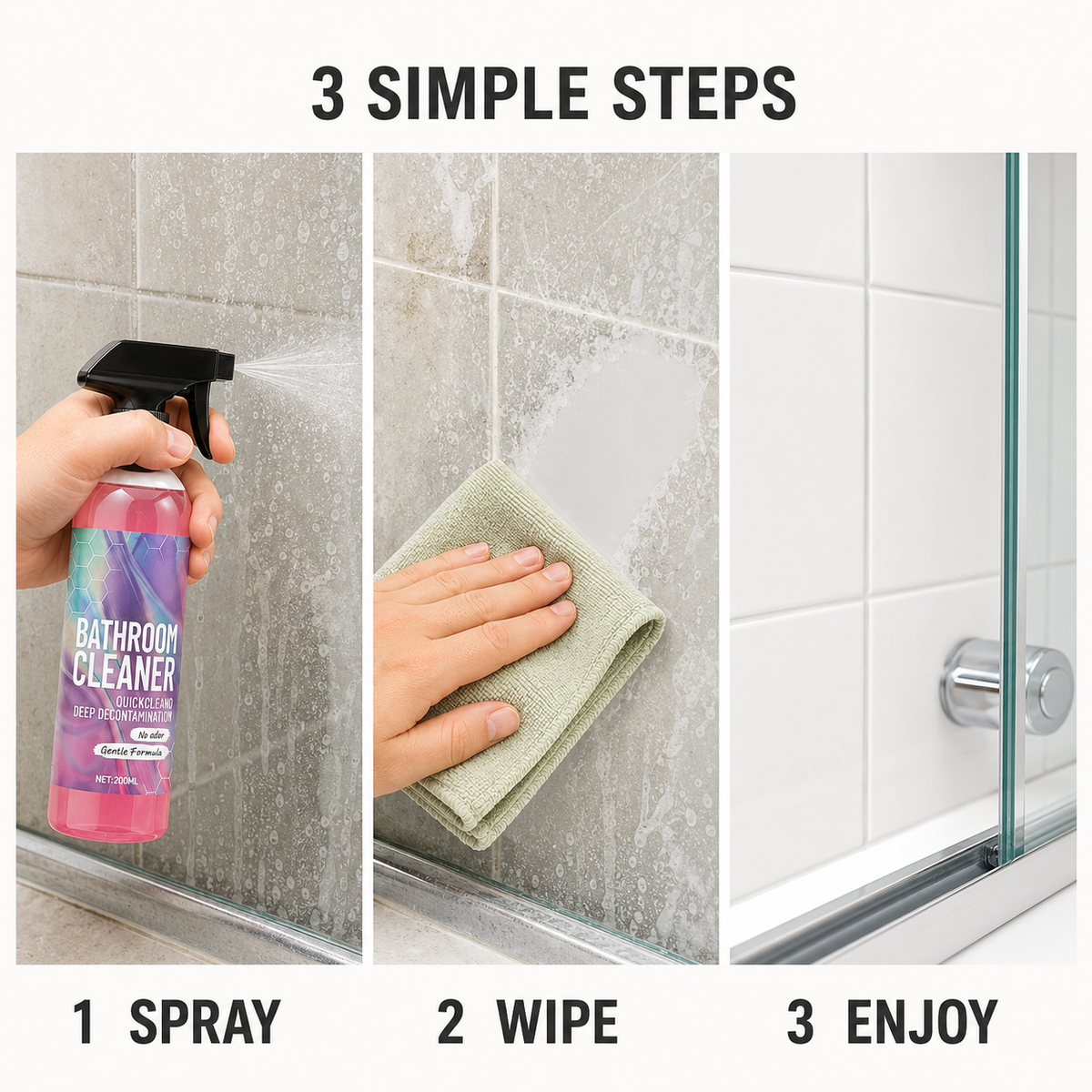 Three step bathroom cleaning process showing spray wipe and clean finish