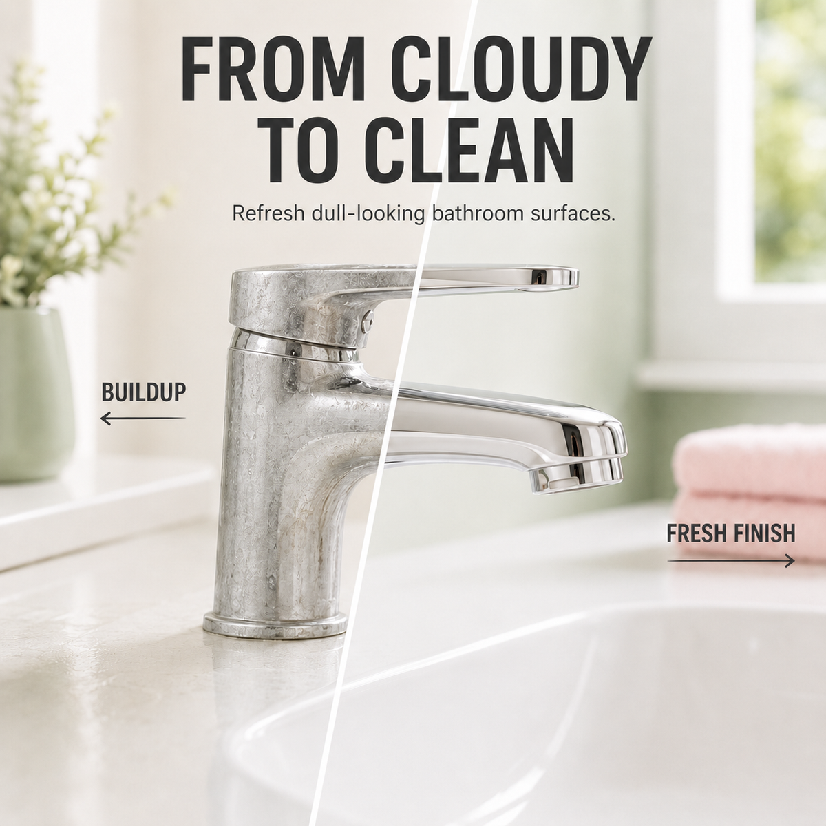 Before and after bathroom faucet showing visible buildup and a clean-looking finish