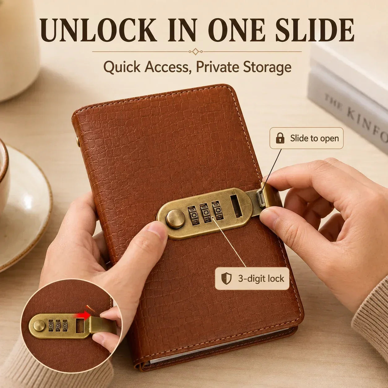 Sliding combination lock to open banknote collection booklet