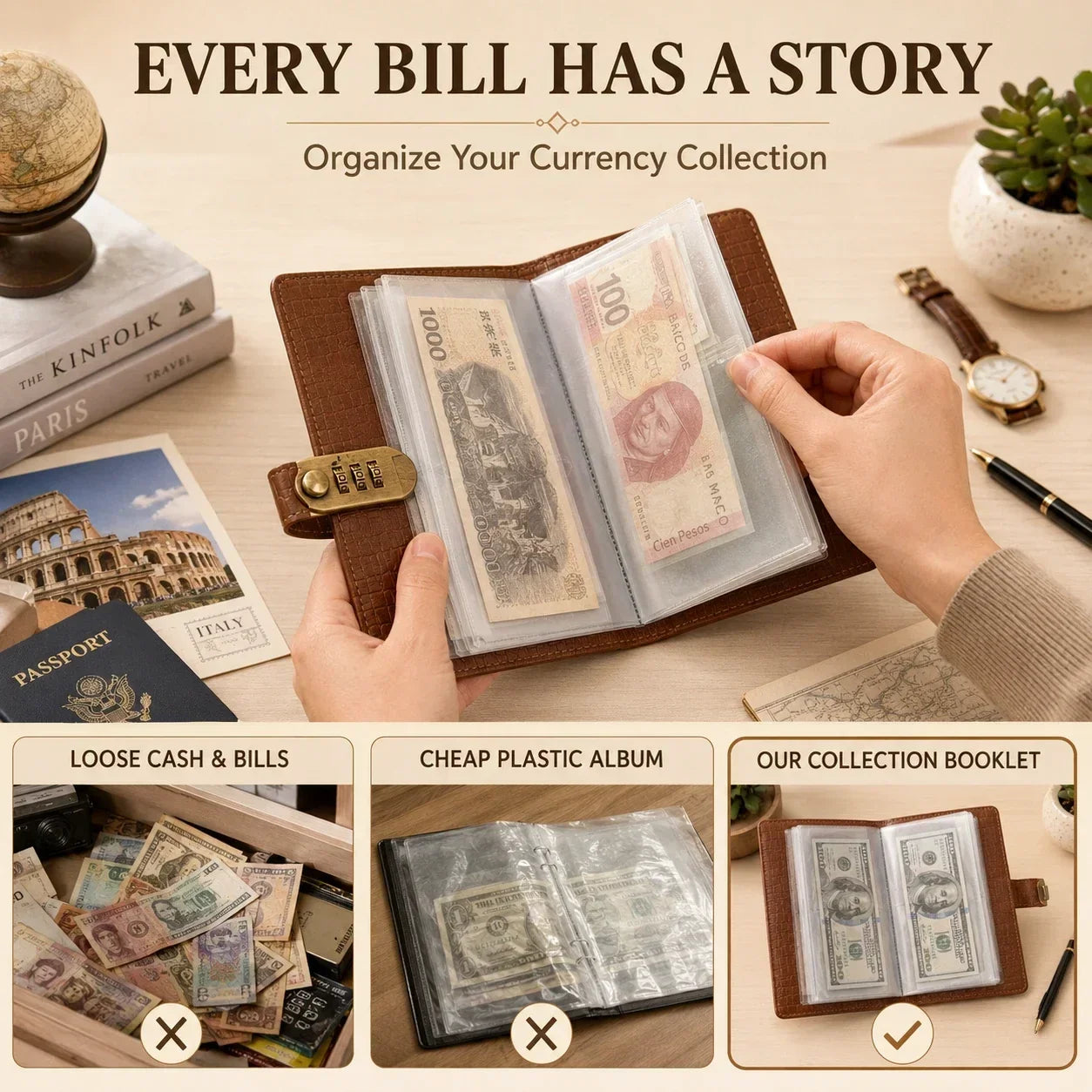 Organized international currency inside banknote collection booklet
