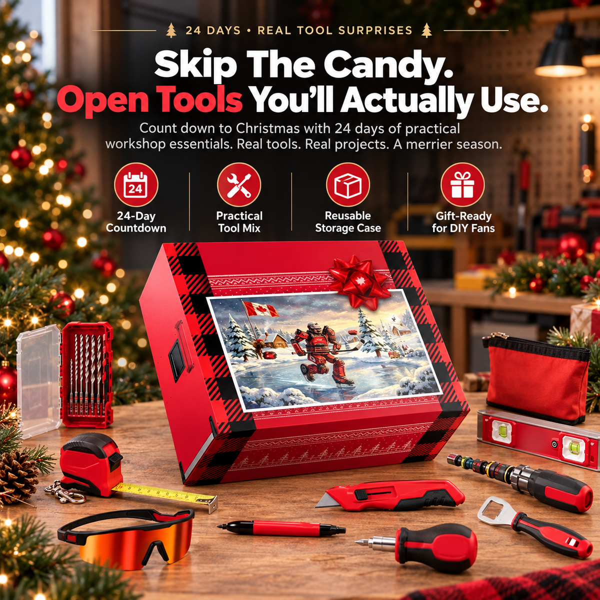 Christmas tool advent gift box with useful DIY tools arranged on a festive workbench
