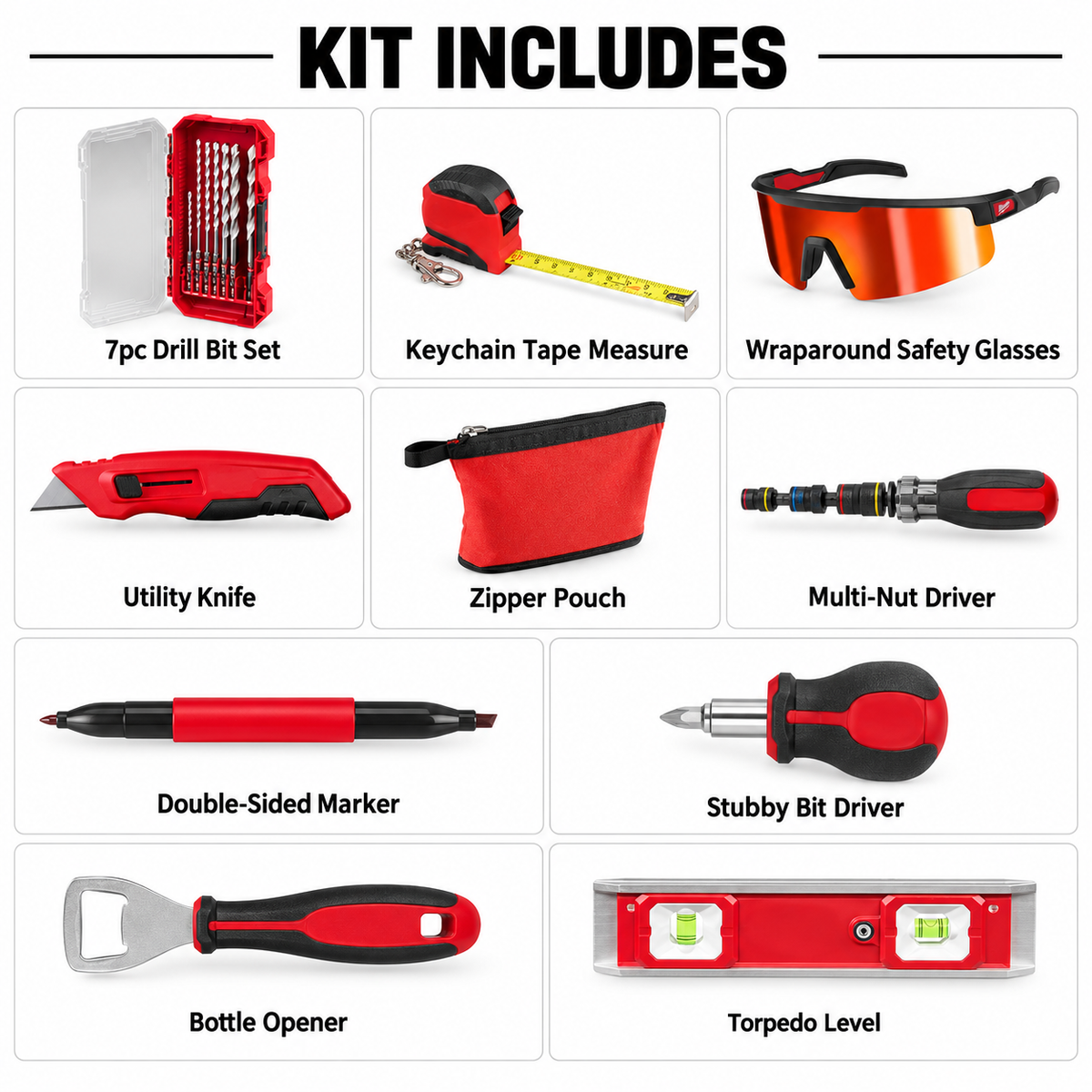 Tool gift set contents including drill bits tape measure safety glasses utility knife pouch drivers marker bottle opener and level