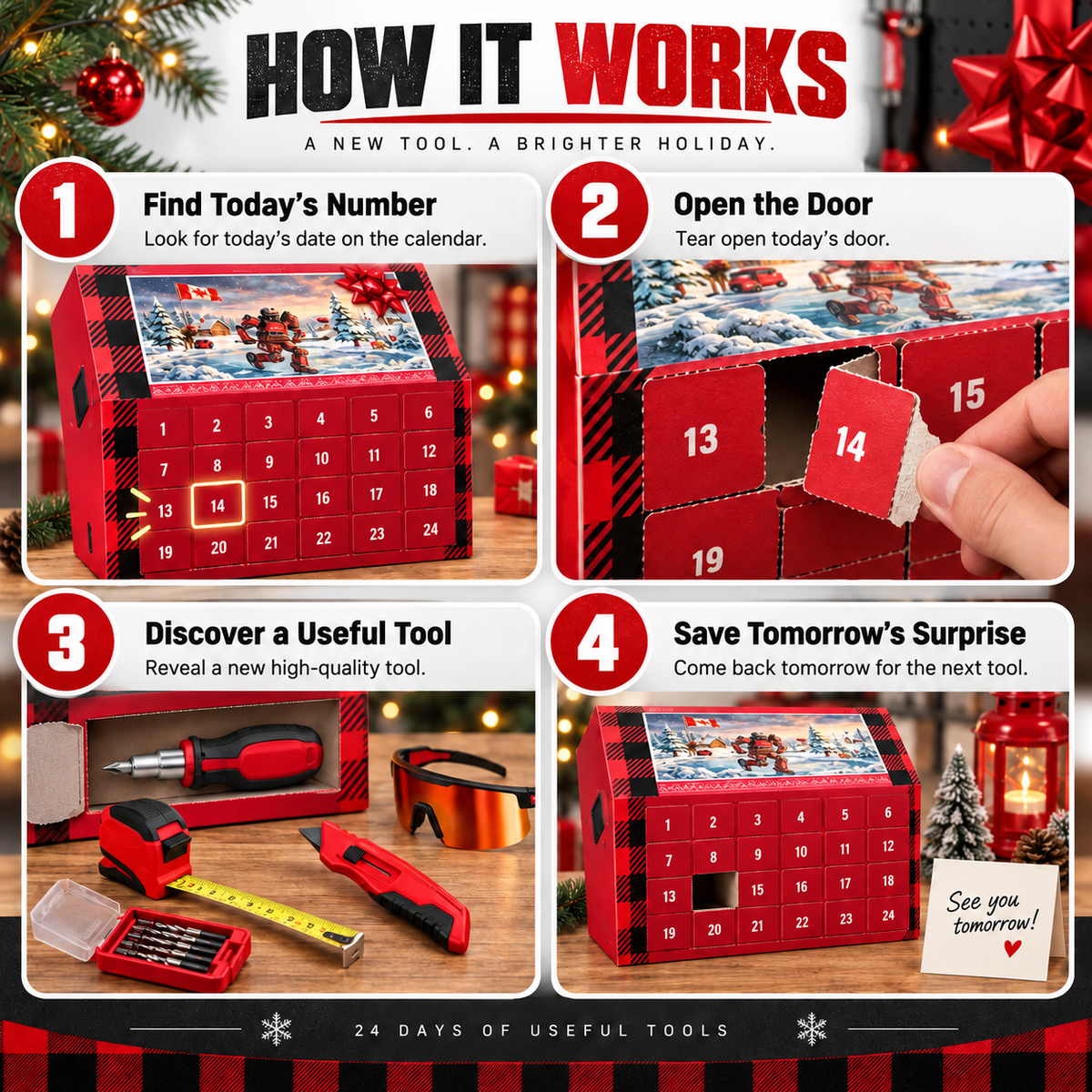 Four step guide showing how to use the 24 day Christmas tool countdown box