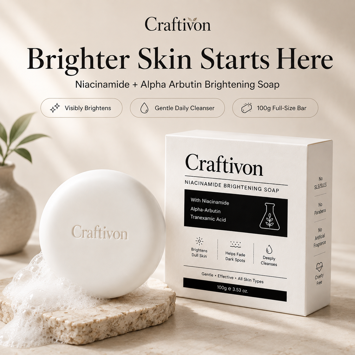 Niacinamide brightening cleansing soap bar product presentation