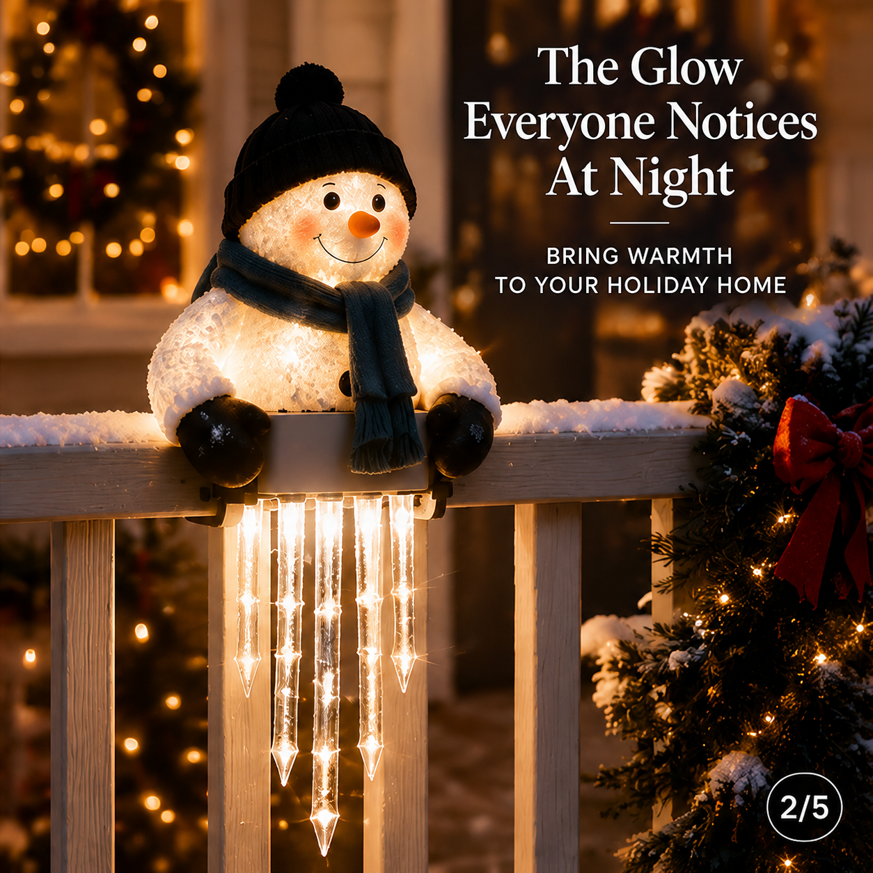 WinterGlow snowman glowing warmly at night with five clear illuminated icicles