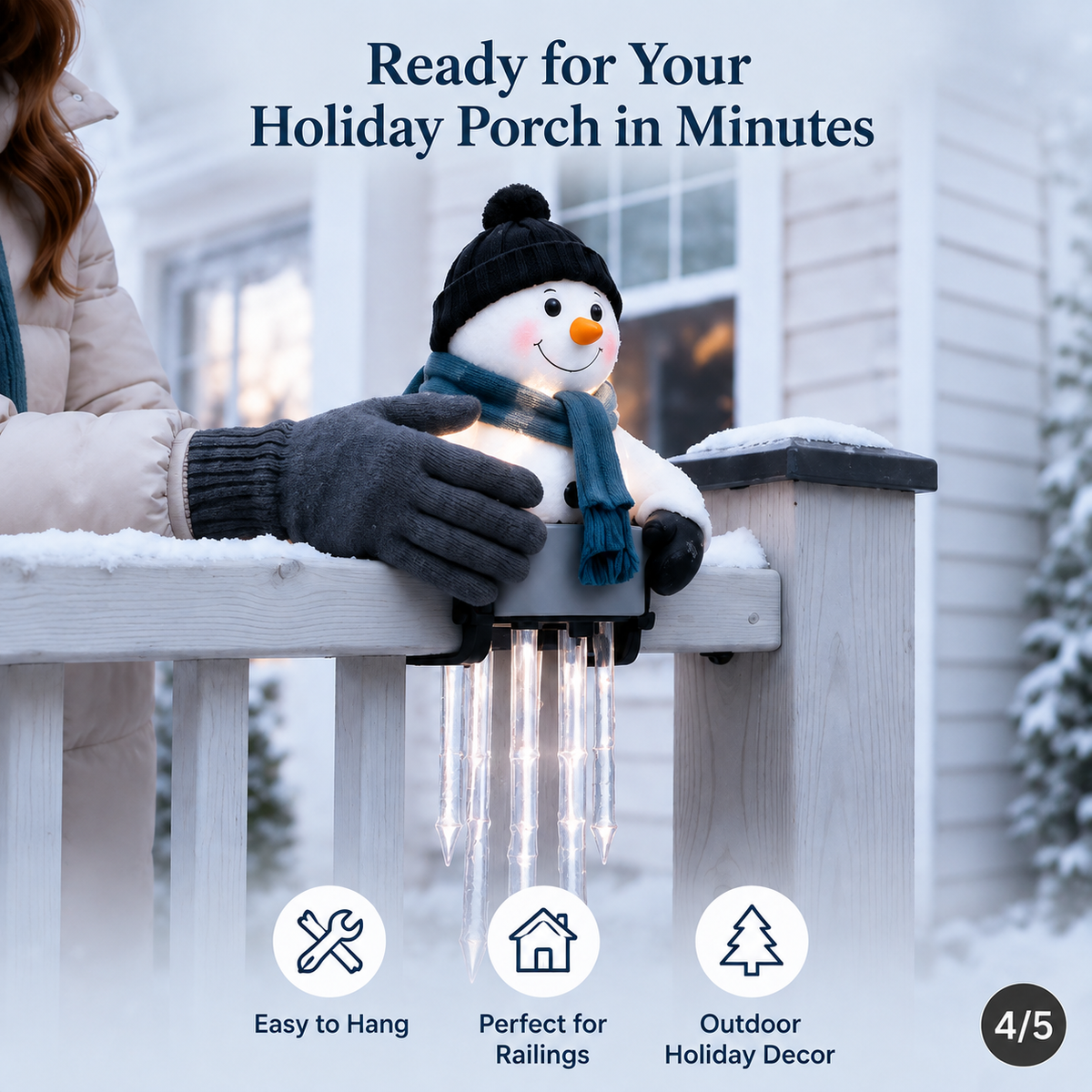 Installing WinterGlow snowman icicle light onto a porch railing