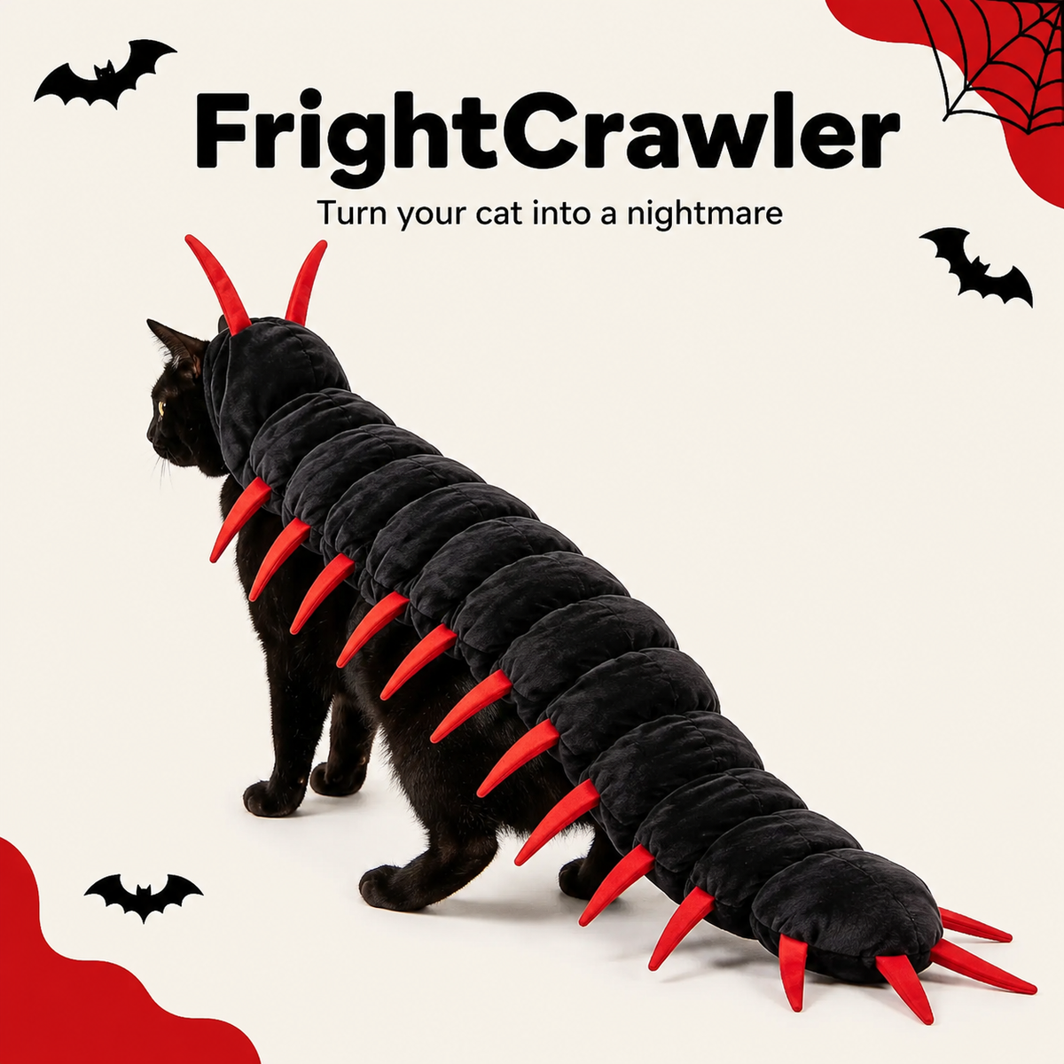 Black and red segmented centipede Halloween costume worn by a black cat