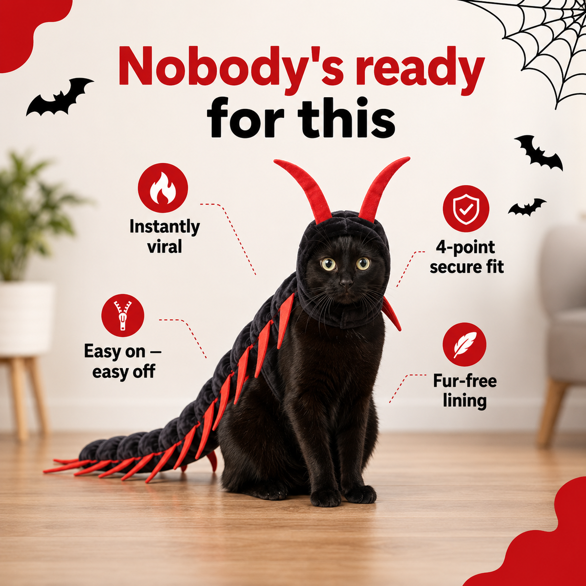 Black cat wearing centipede costume with multiple red legs along the sides