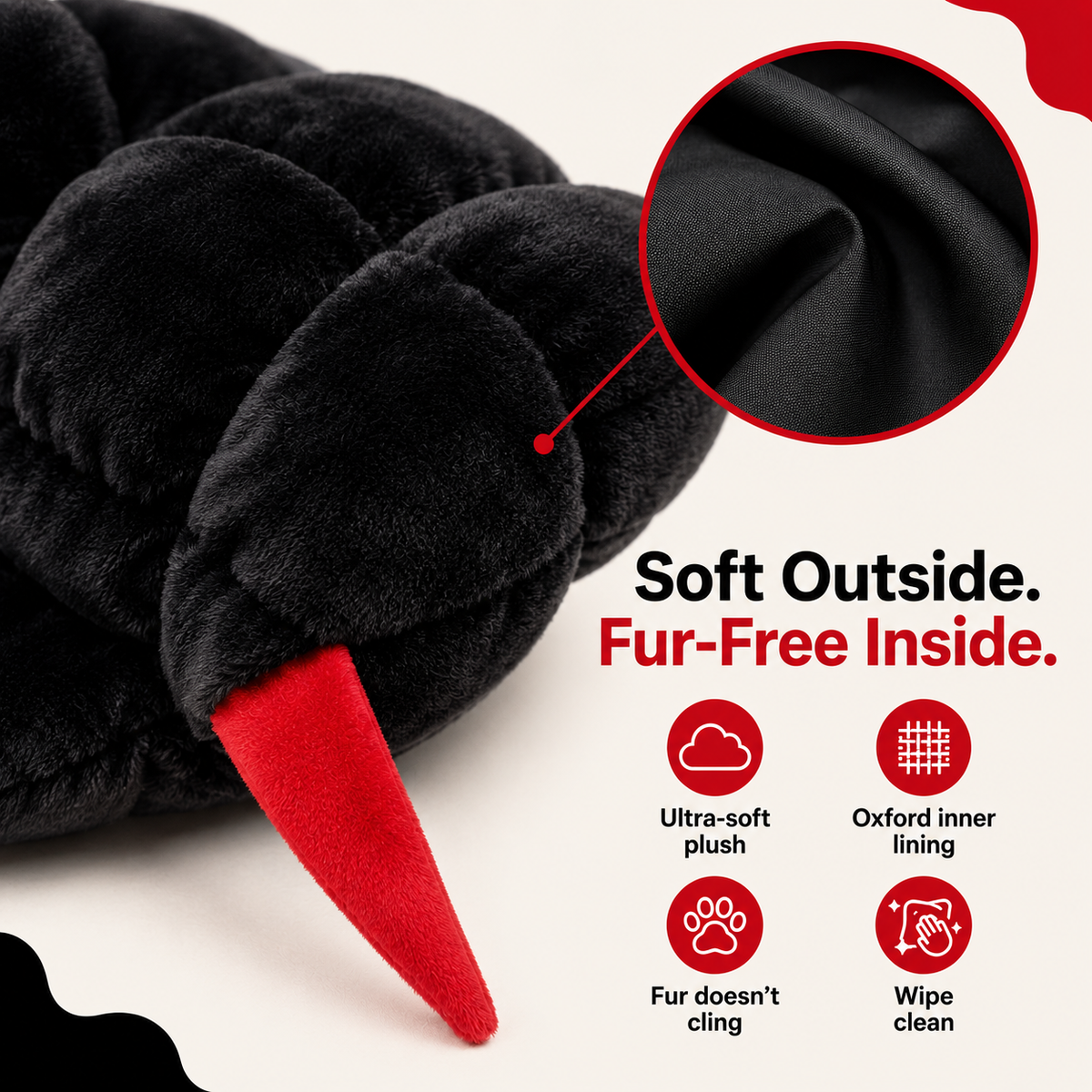 Close-up of black plush centipede costume with red leg and Oxford style inner lining