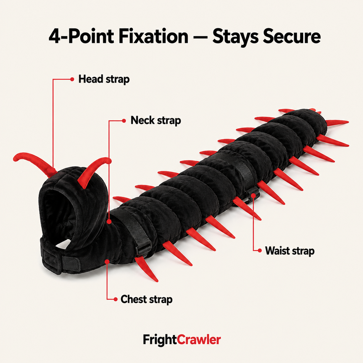 Centipede cat costume showing head neck chest and waist fastening points
