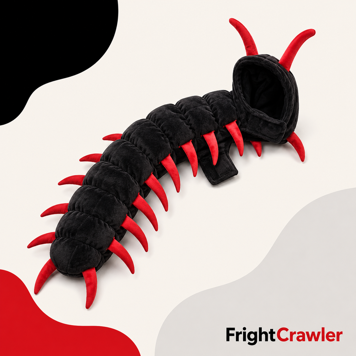 Black plush centipede style cat costume with segmented body red legs and red antenna details
