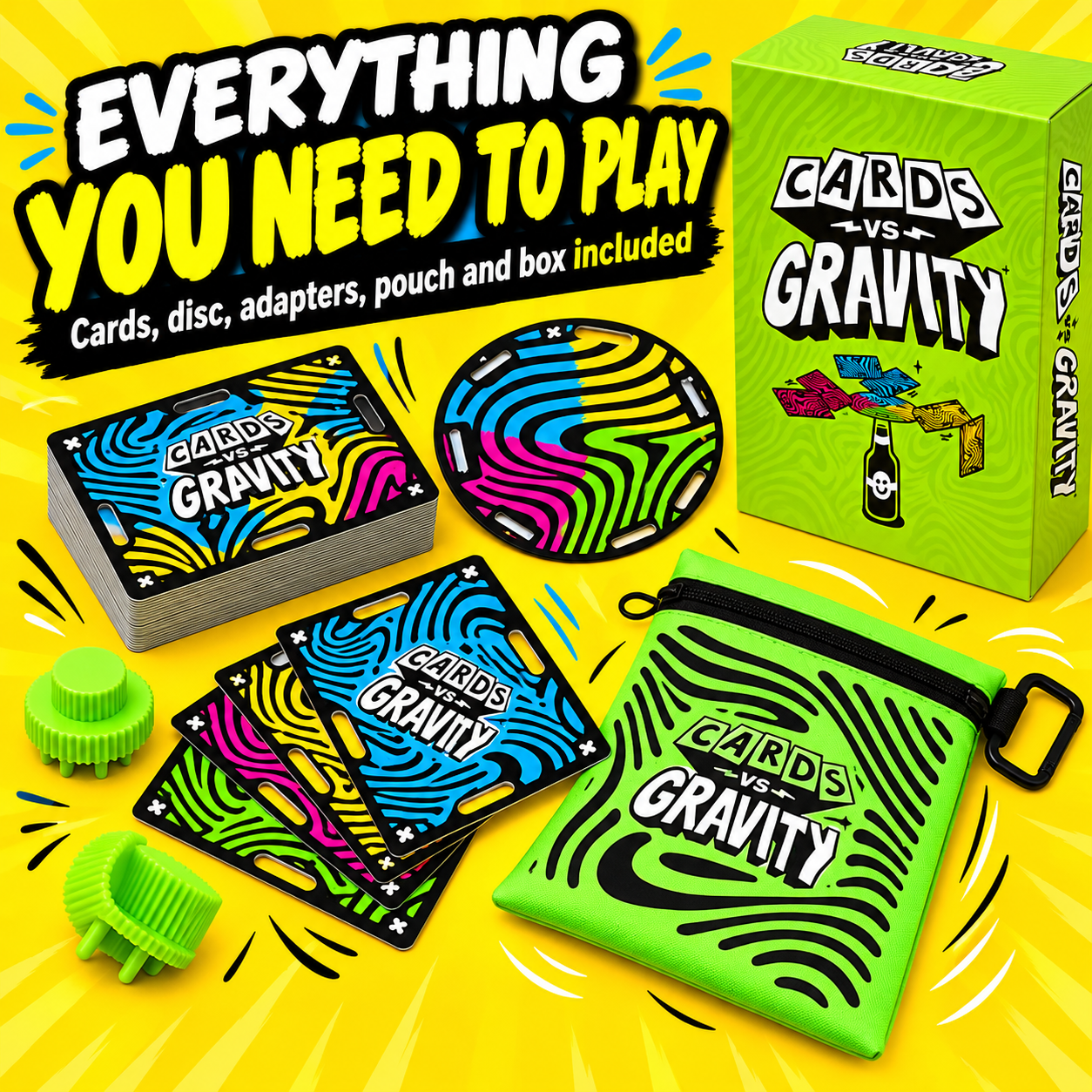 Game components laid out including cards, balancing disc, adapters, pouch and box
