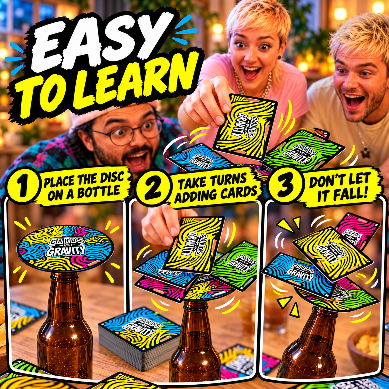 Three-step illustration showing bottle setup, card placement and the balancing challenge