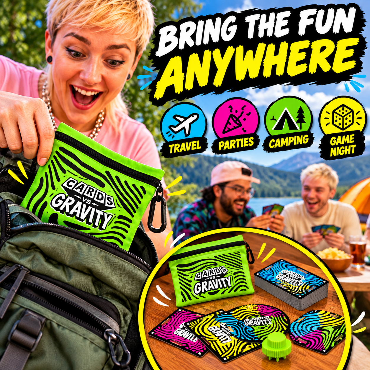Compact game pouch being packed for travel with an outdoor game setup nearby