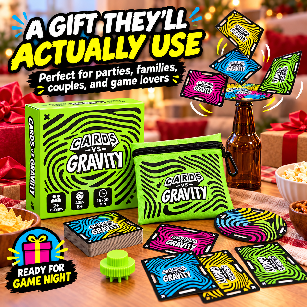 Card balancing game, storage pouch and box displayed in a gift setting