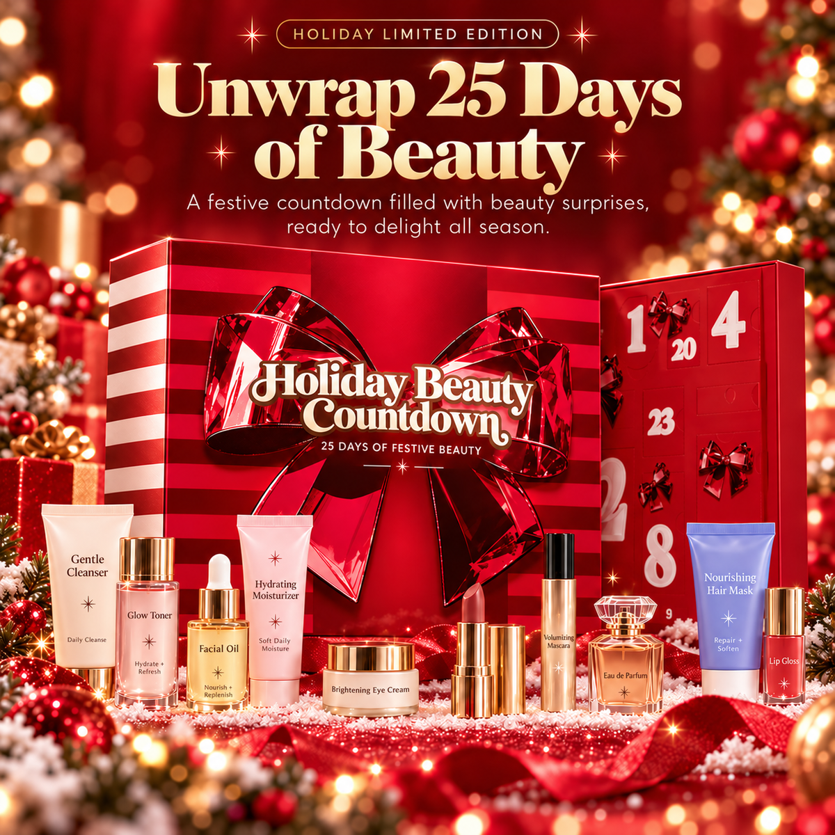 GlowMerryTM 25-Day BeautyAdvent Calendar - Makeup,Skincare & Holiday Surprises