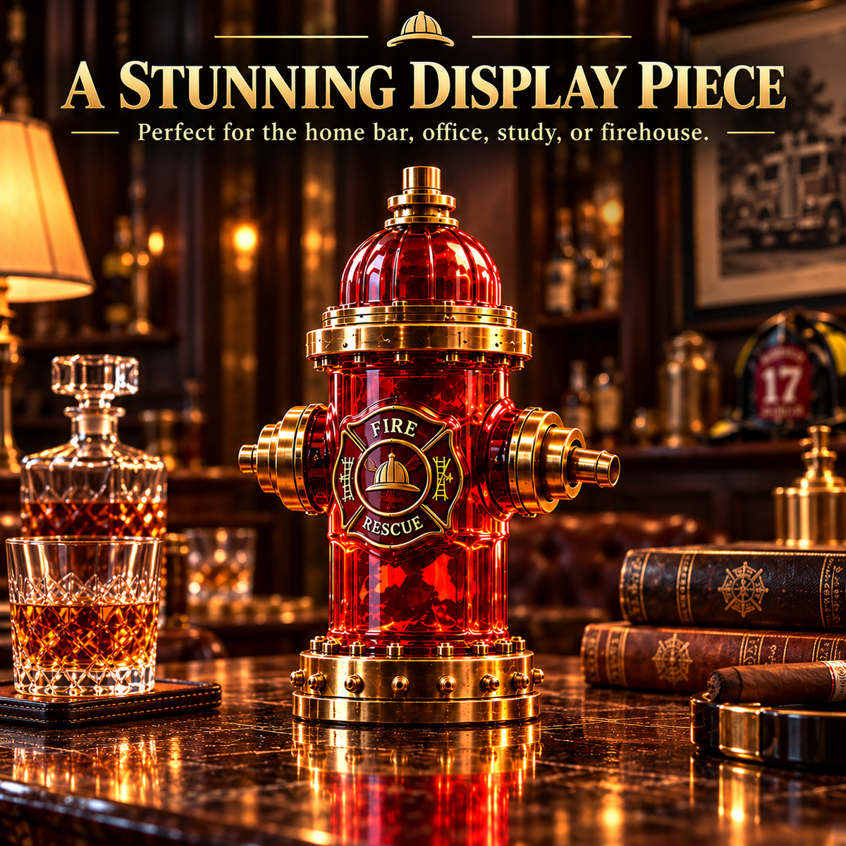 Hydrant-shaped tribute decanter displayed on a home bar