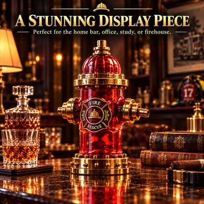 Hydrant-shaped tribute decanter displayed on a home bar